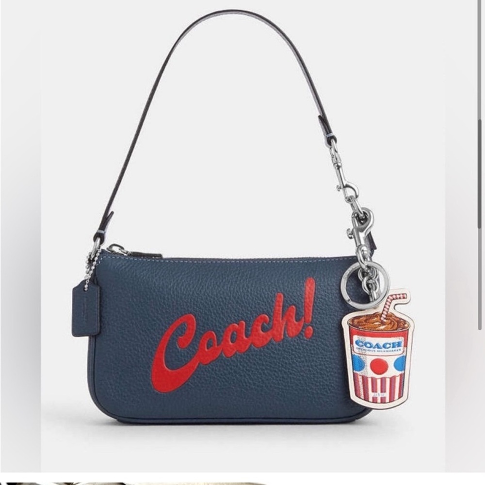 Coach Nolita 19 Navy Shoulder Bag with Red Logo, Matching Coach Milkshake Charm